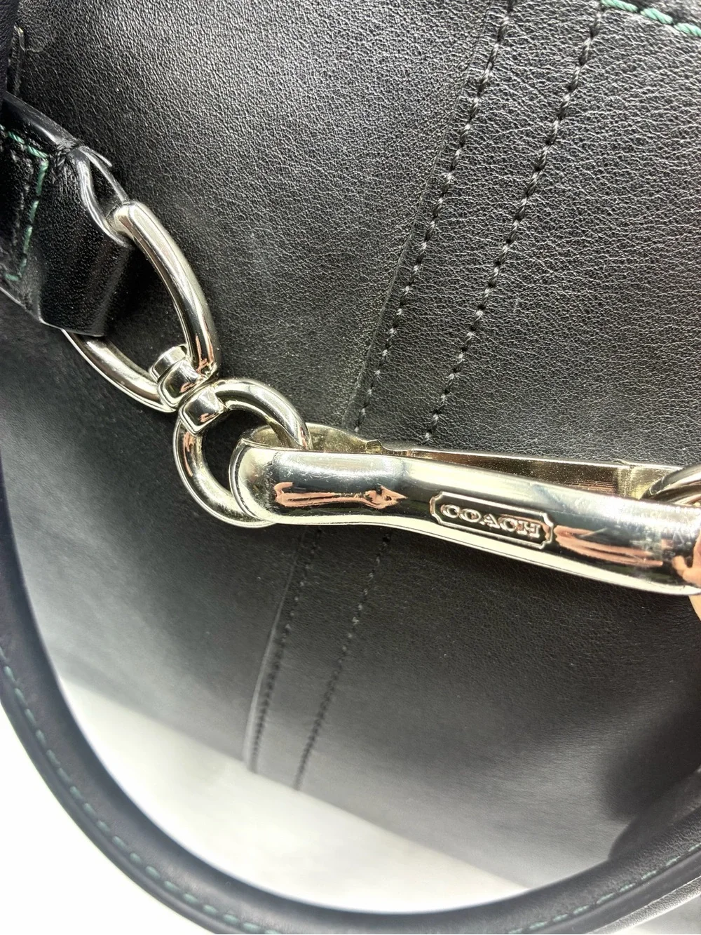 Coach Hampton Satchel Black Belted Leather Bag Blue Stitching Vintage 8A70